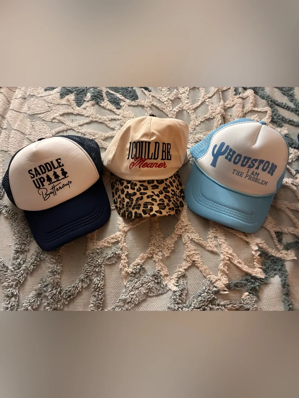 2 trucker style ball caps, 1 canvas style